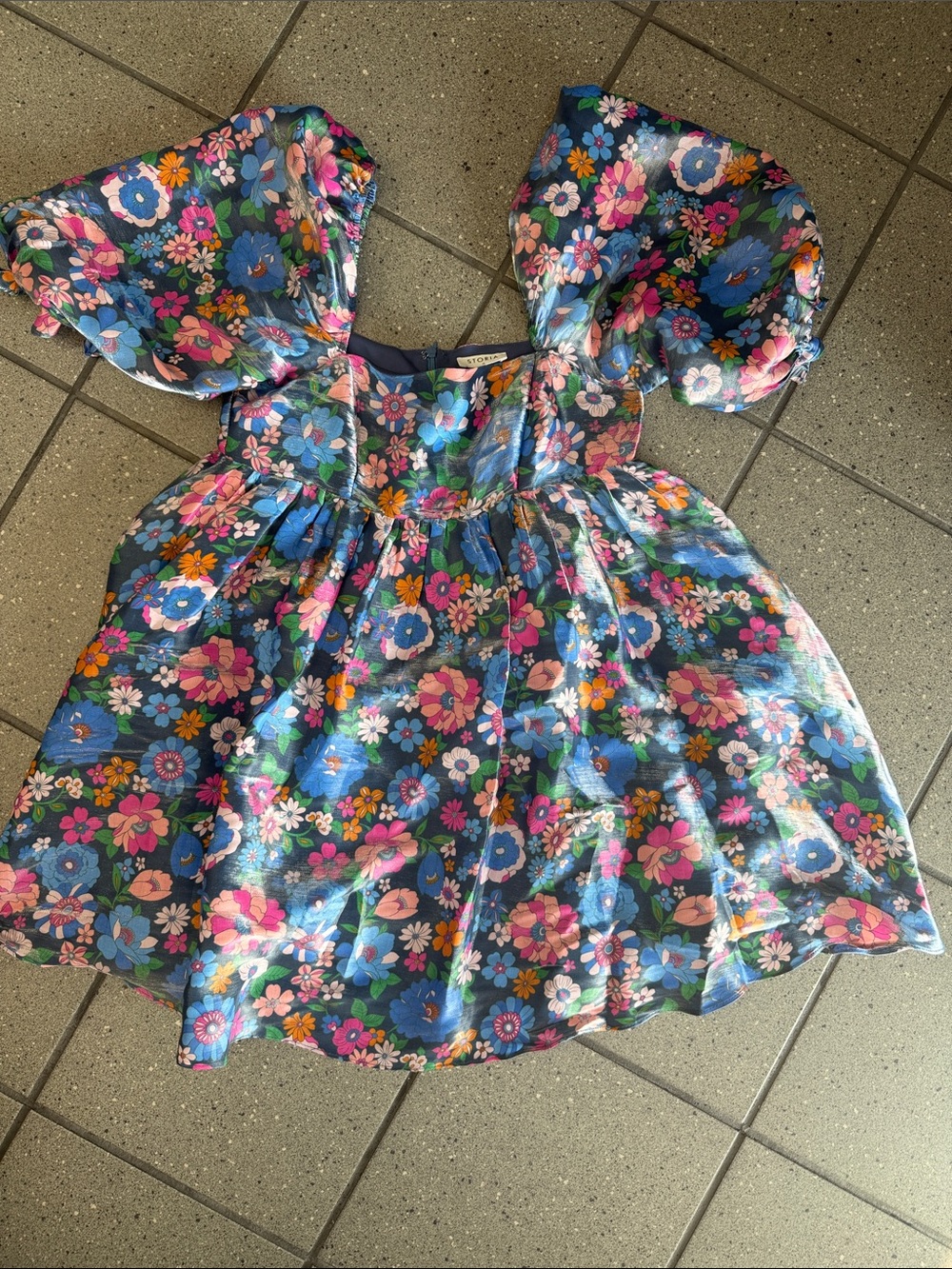 Storia Floral Puff-Sleeve Mini Dress in Navy, Blue, Pink